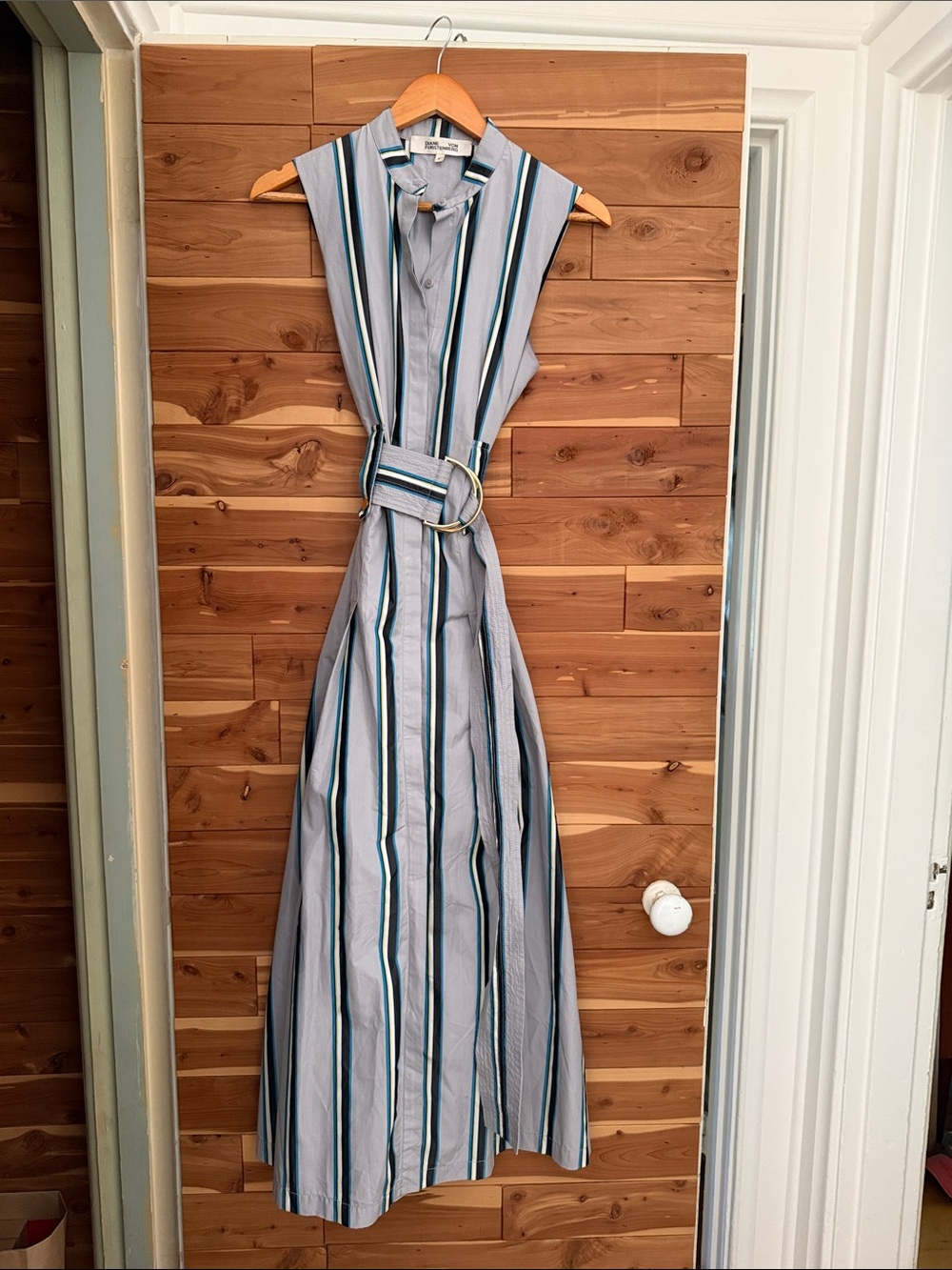 Diane Von Furstenberg Sleeveless Striped Maxi Dress in Blue and White with Belt